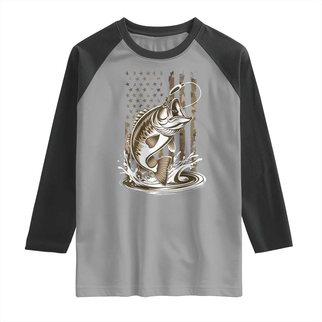 Fishing Camo Raglan Shirt Bass Fish American Flag Boy Men Fisherman Gift