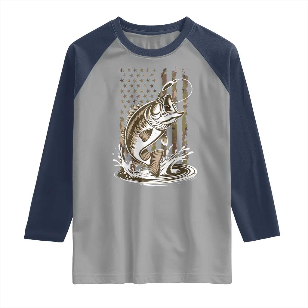 Fishing Camo Raglan Shirt Bass Fish American Flag Boy Men Fisherman Gift