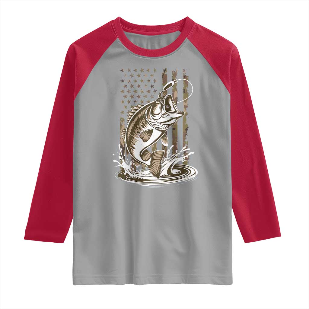 Fishing Camo Raglan Shirt Bass Fish American Flag Boy Men Fisherman Gift