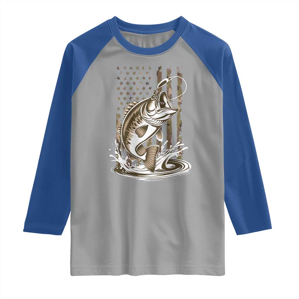 Fishing Camo Raglan Shirt Bass Fish American Flag Boy Men Fisherman Gift