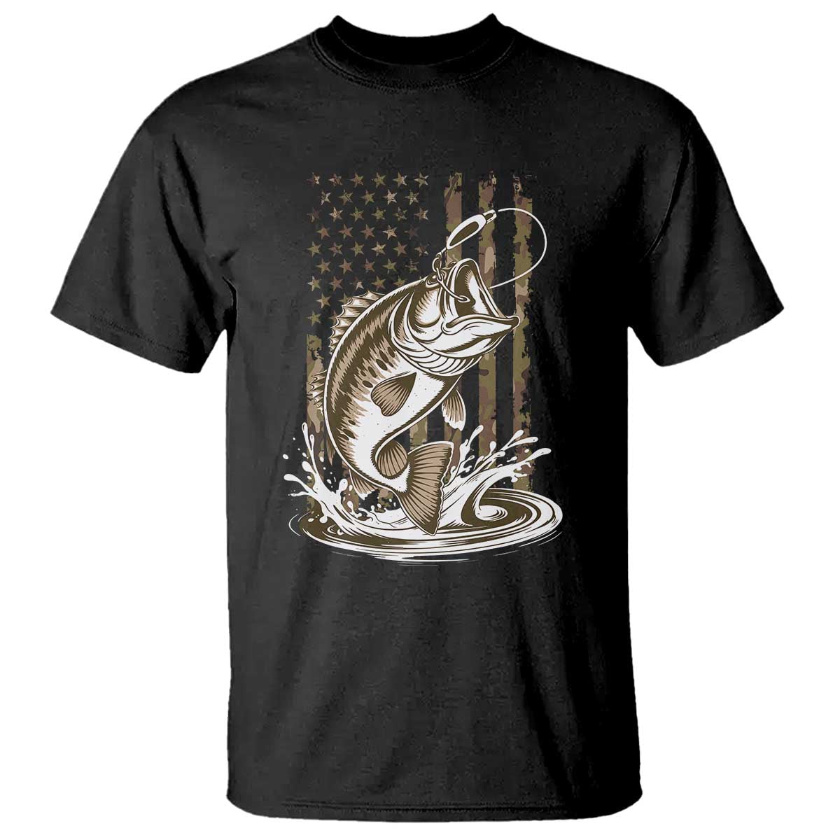 Fishing Camo T Shirt Bass Fish American Flag Boy Men Fisherman Gift