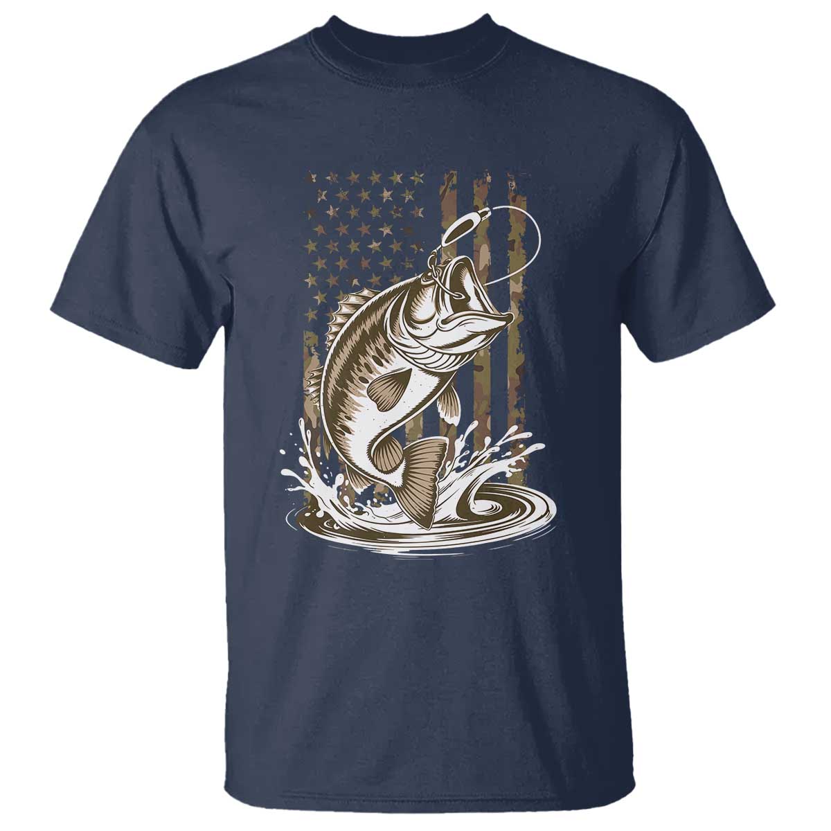 Fishing Camo T Shirt Bass Fish American Flag Boy Men Fisherman Gift