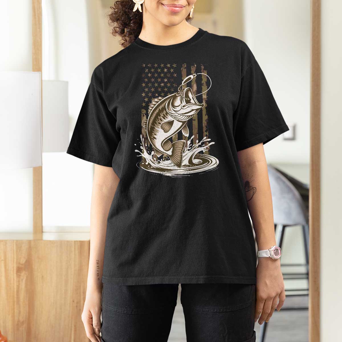 Fishing Camo T Shirt For Women Bass Fish American Flag Boy Men Fisherman Gift