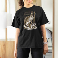 Fishing Camo T Shirt For Women Bass Fish American Flag Boy Men Fisherman Gift