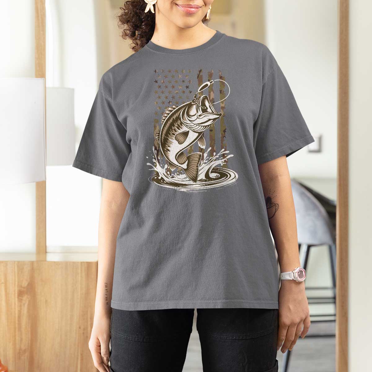 Fishing Camo T Shirt For Women Bass Fish American Flag Boy Men Fisherman Gift