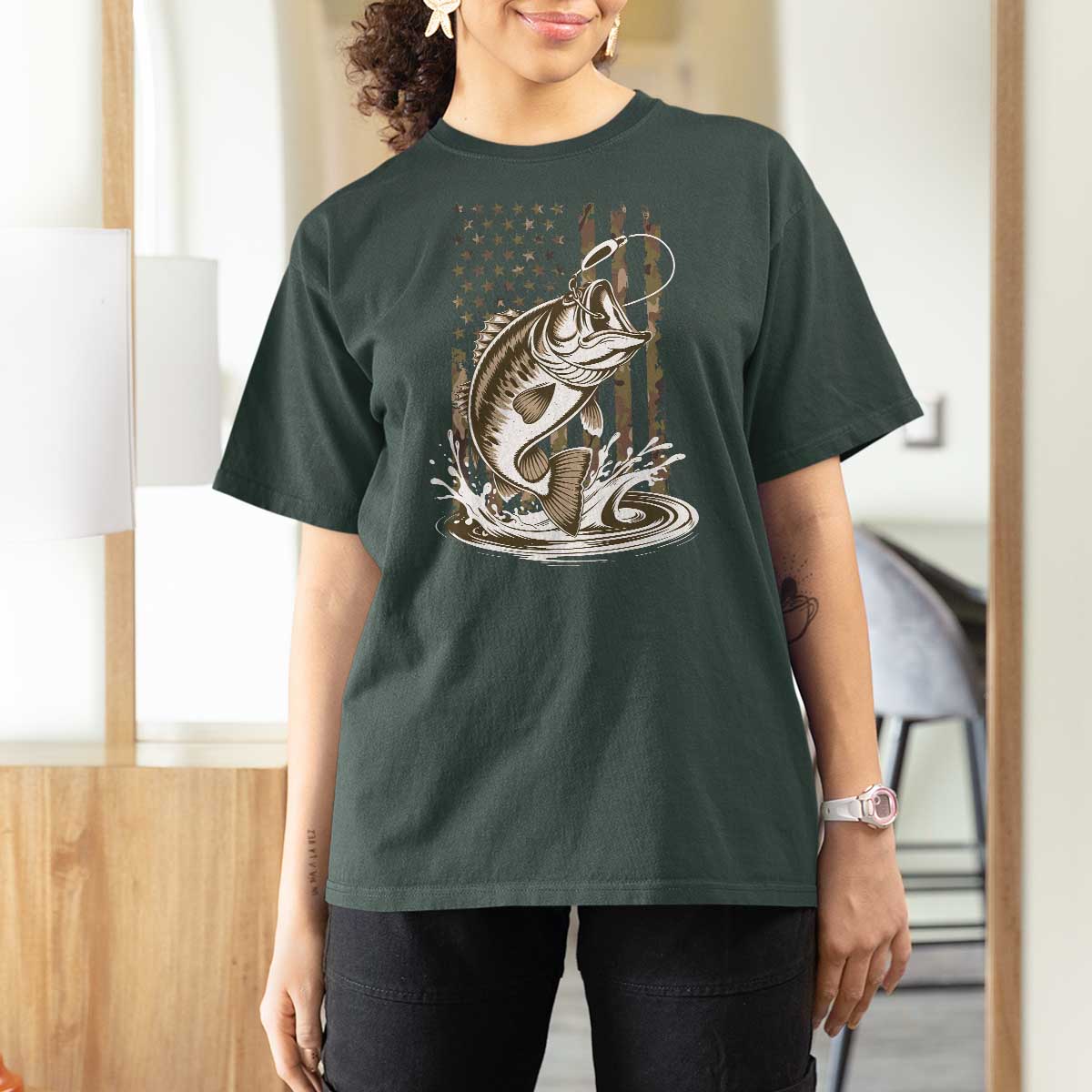 Fishing Camo T Shirt For Women Bass Fish American Flag Boy Men Fisherman Gift