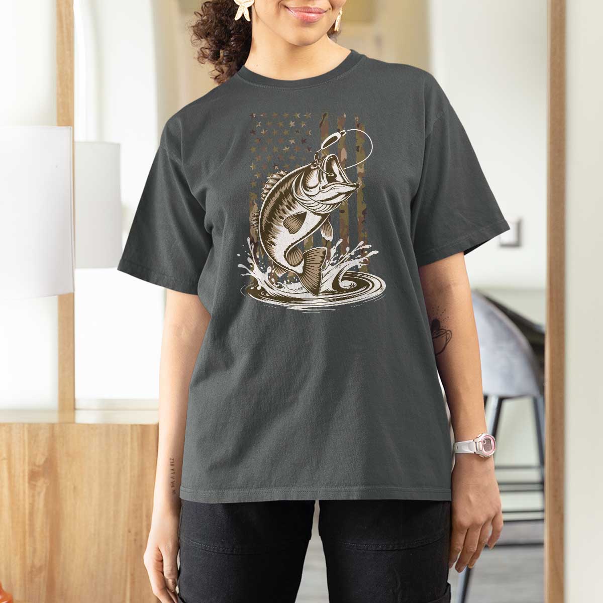Fishing Camo T Shirt For Women Bass Fish American Flag Boy Men Fisherman Gift
