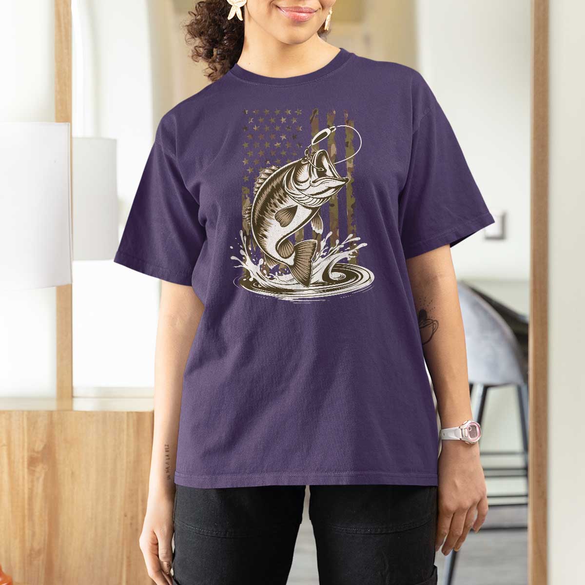 Fishing Camo T Shirt For Women Bass Fish American Flag Boy Men Fisherman Gift