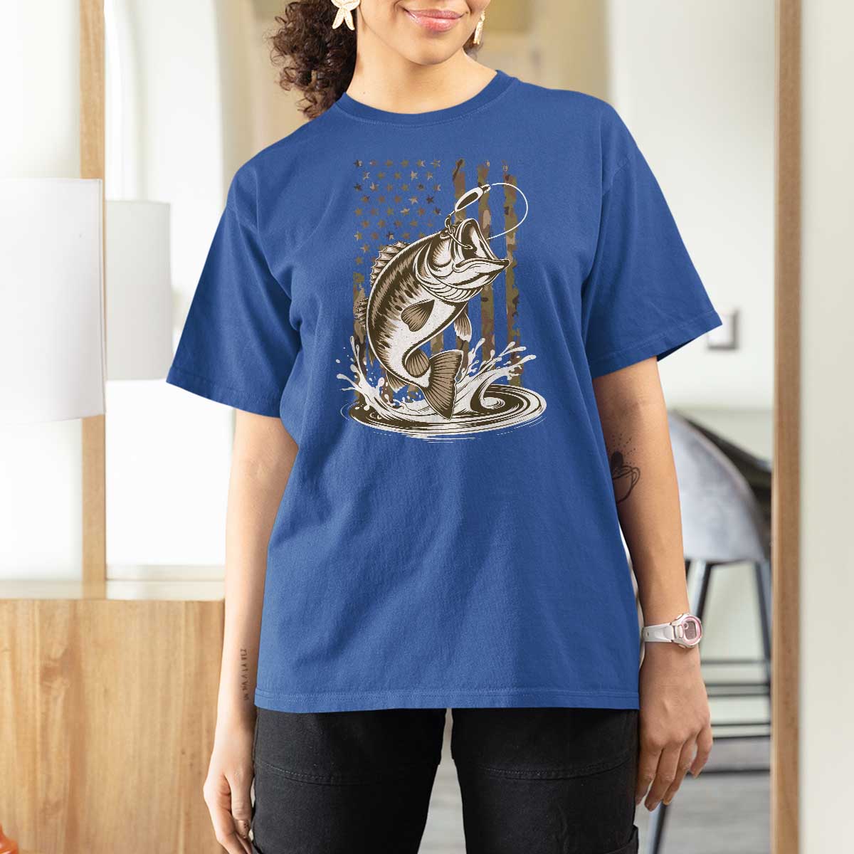 Fishing Camo T Shirt For Women Bass Fish American Flag Boy Men Fisherman Gift