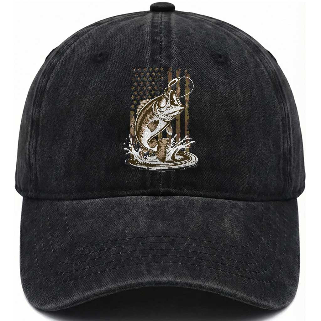 Fishing Camo Washed Cotton Baseball Cap Bass Fish American Flag Boy Men Fisherman Gift