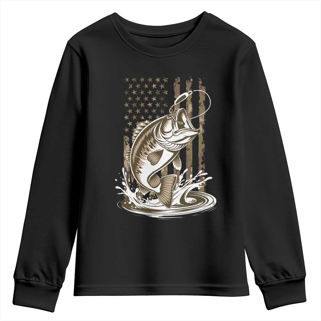 Fishing Camo Youth Sweatshirt Bass Fish American Flag Boy Men Fisherman Gift