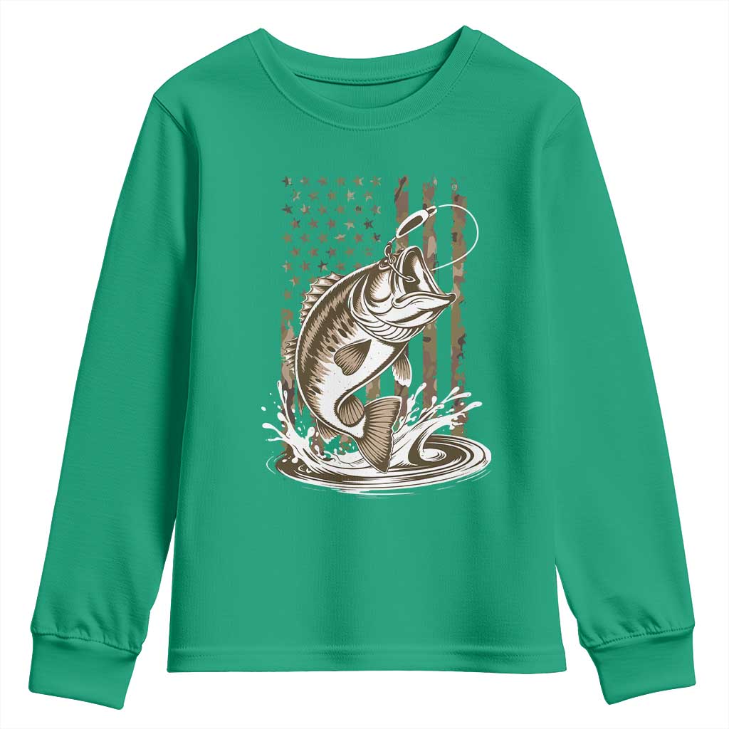 Fishing Camo Youth Sweatshirt Bass Fish American Flag Boy Men Fisherman Gift