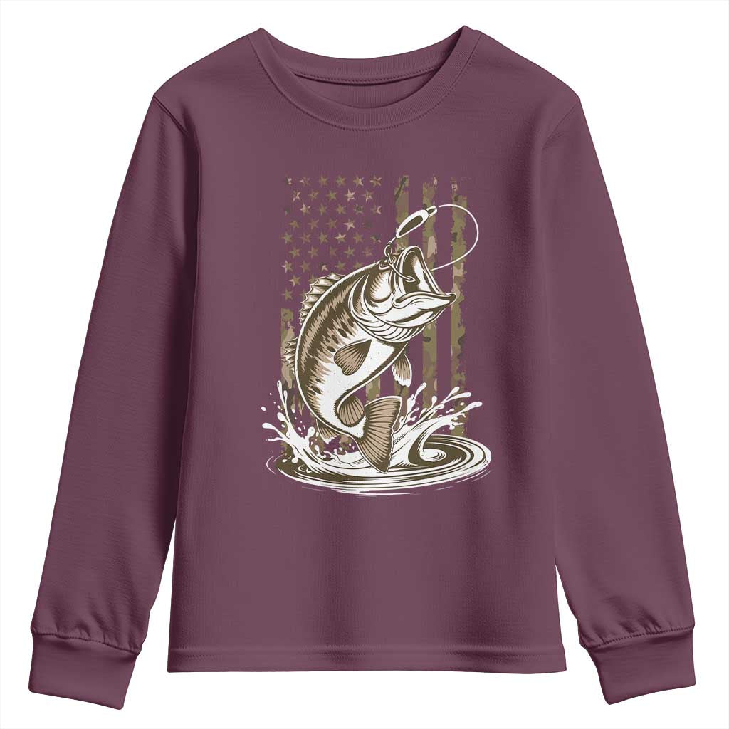 Fishing Camo Youth Sweatshirt Bass Fish American Flag Boy Men Fisherman Gift