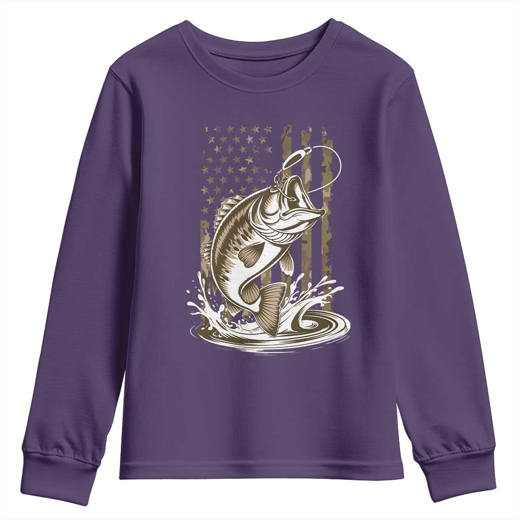 Fishing Camo Youth Sweatshirt Bass Fish American Flag Boy Men Fisherman Gift