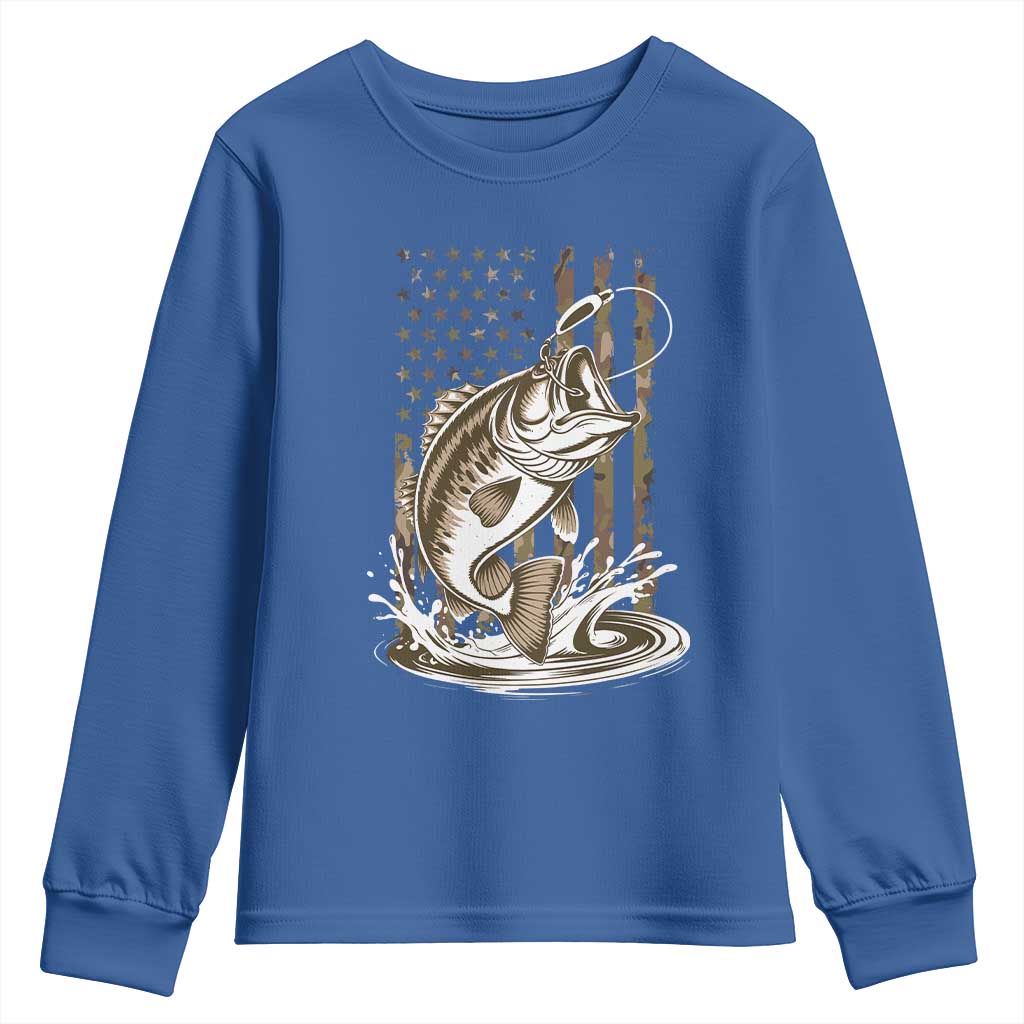 Fishing Camo Youth Sweatshirt Bass Fish American Flag Boy Men Fisherman Gift