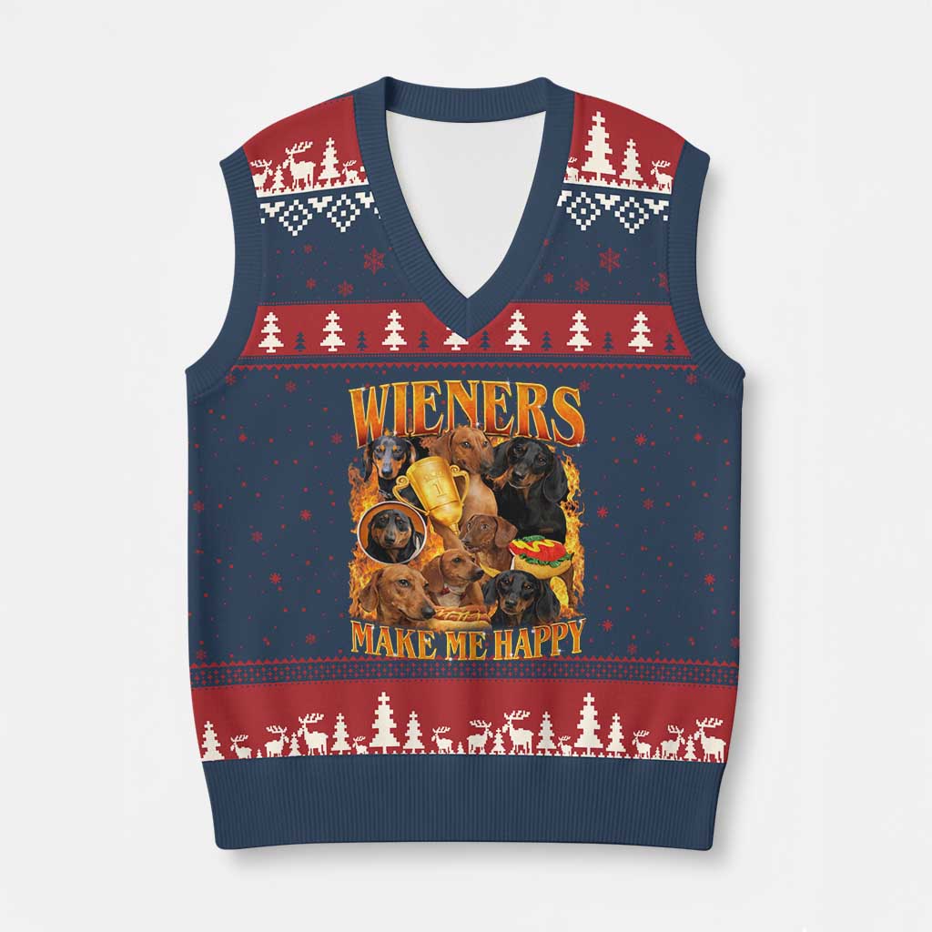 Funny Wiener Dog V-Neck Knit Sweater Vest Vintage Bootleg Gift For Dachshund Lover - Wonder Print Shop