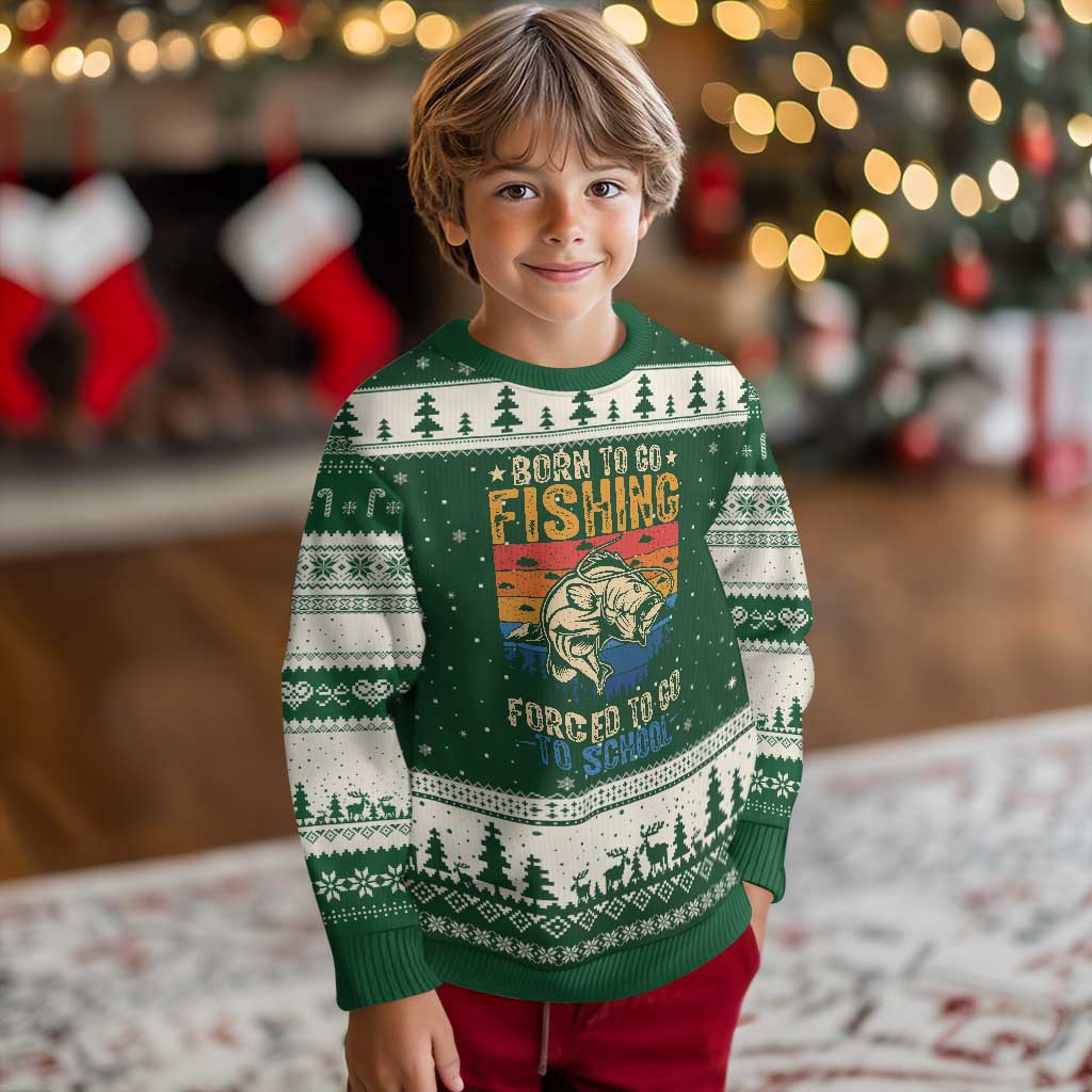 Born to Go Fishing Forced School Ugly Christmas Sweater Funny Fishing Fisherman Kids Boys - Wonder Print Shop