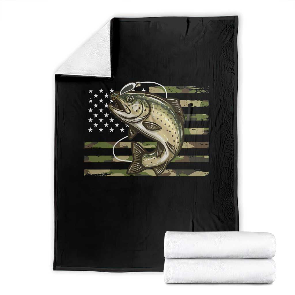 Camo Bass Fishing Throw Blanket Patriotic US Flag Fisherman - Wonder Print Shop