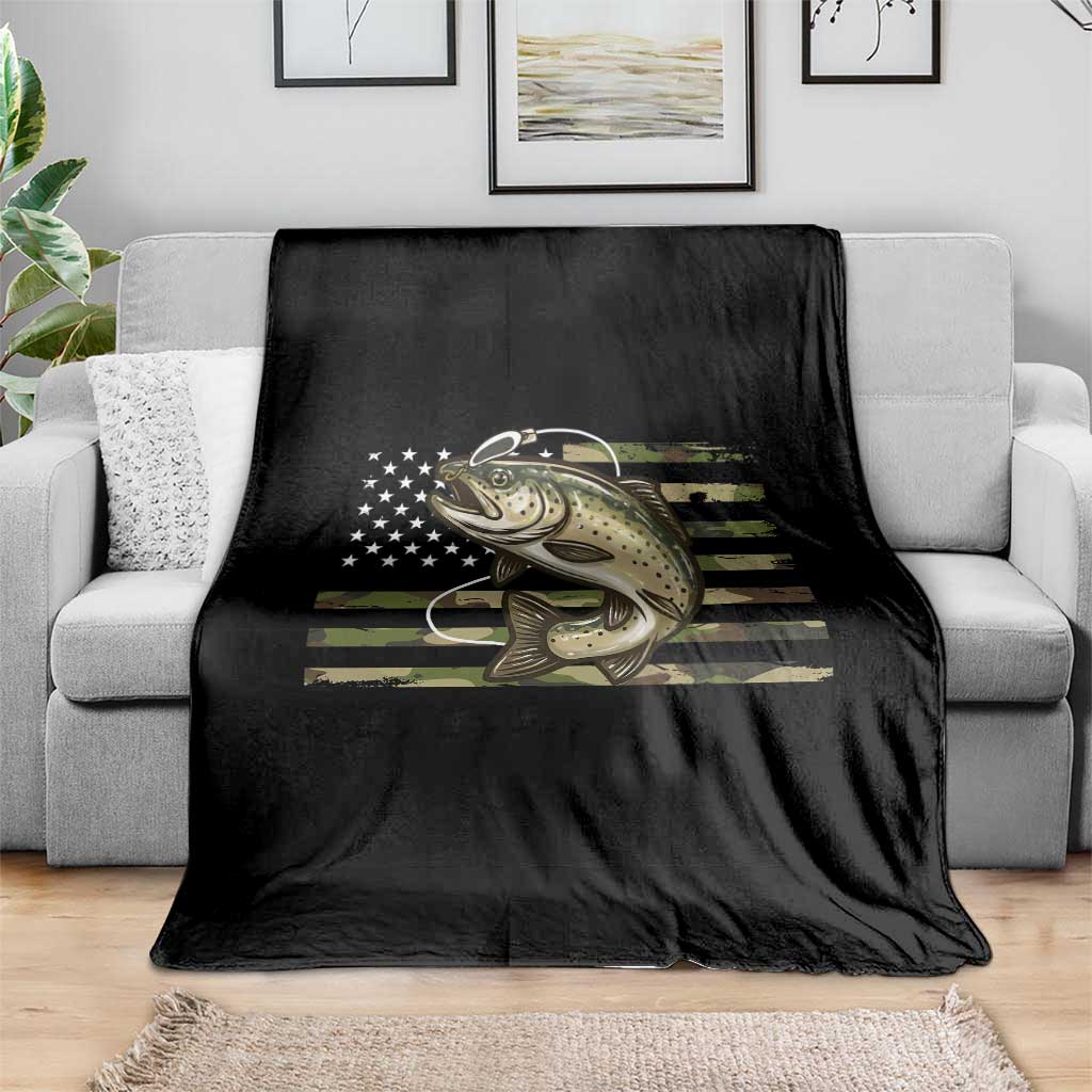 Camo Bass Fishing Throw Blanket Patriotic US Flag Fisherman - Wonder Print Shop