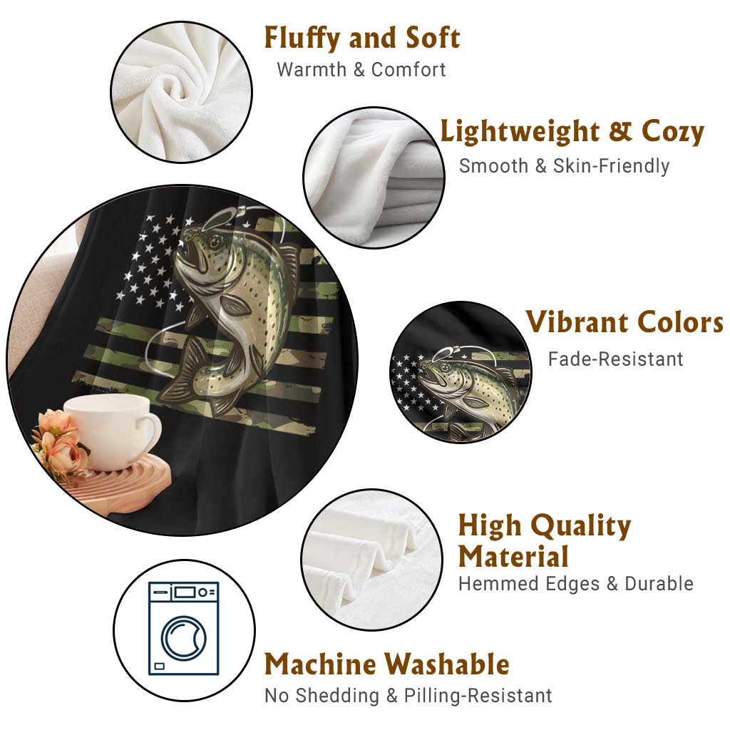 Camo Bass Fishing Throw Blanket Patriotic US Flag Fisherman - Wonder Print Shop