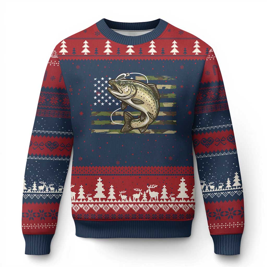 Camo Bass Fishing Ugly Christmas Sweater Patriotic US Flag Fisherman - Wonder Print Shop