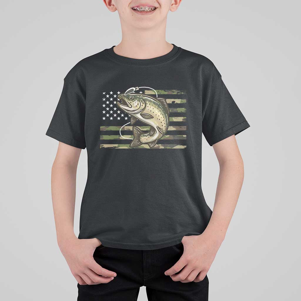 Camo Bass Fishing T Shirt For Kid Patriotic US Flag Fisherman - Wonder Print Shop