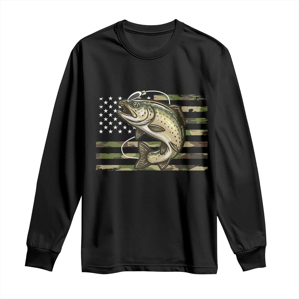 Camo Bass Fishing Long Sleeve Shirt Patriotic US Flag Fisherman - Wonder Print Shop
