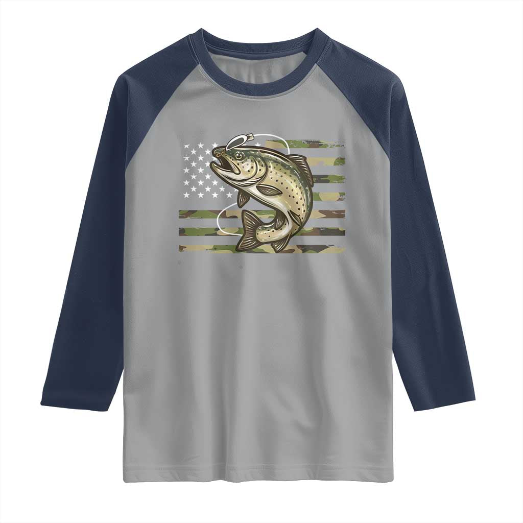 Camo Bass Fishing Raglan Shirt Patriotic US Flag Fisherman - Wonder Print Shop