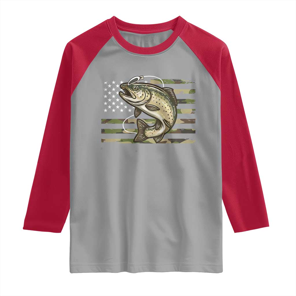 Camo Bass Fishing Raglan Shirt Patriotic US Flag Fisherman - Wonder Print Shop