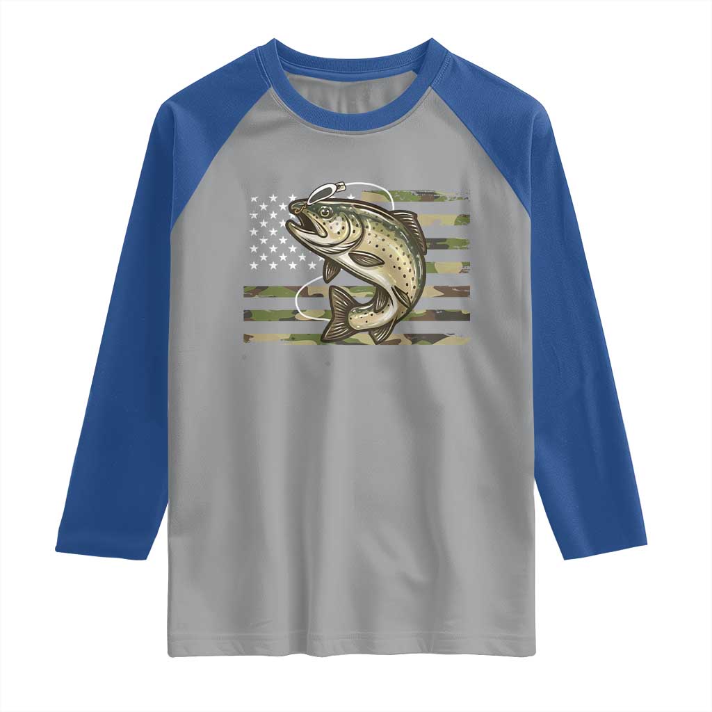 Camo Bass Fishing Raglan Shirt Patriotic US Flag Fisherman - Wonder Print Shop