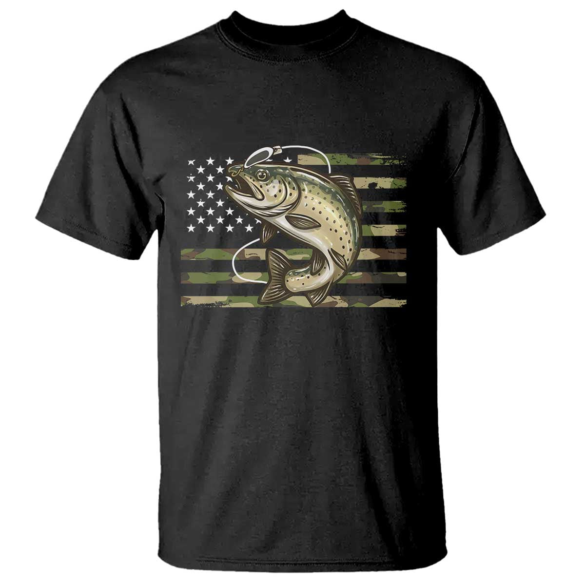 Camo Bass Fishing T Shirt Patriotic US Flag Fisherman - Wonder Print Shop