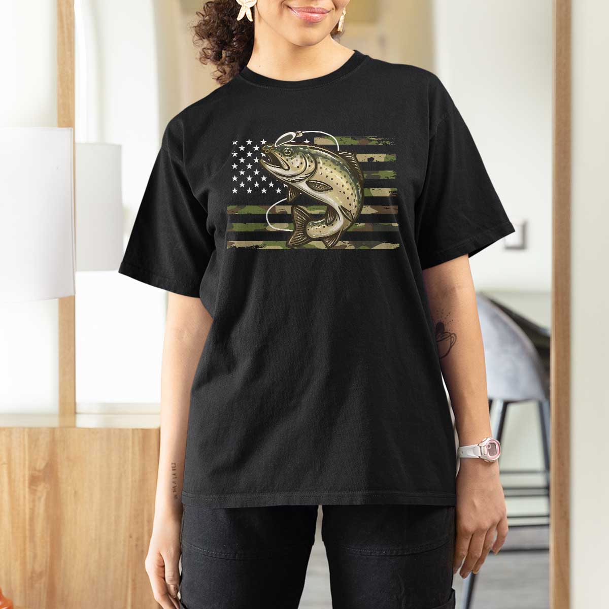 Camo Bass Fishing T Shirt For Women Patriotic US Flag Fisherman - Wonder Print Shop