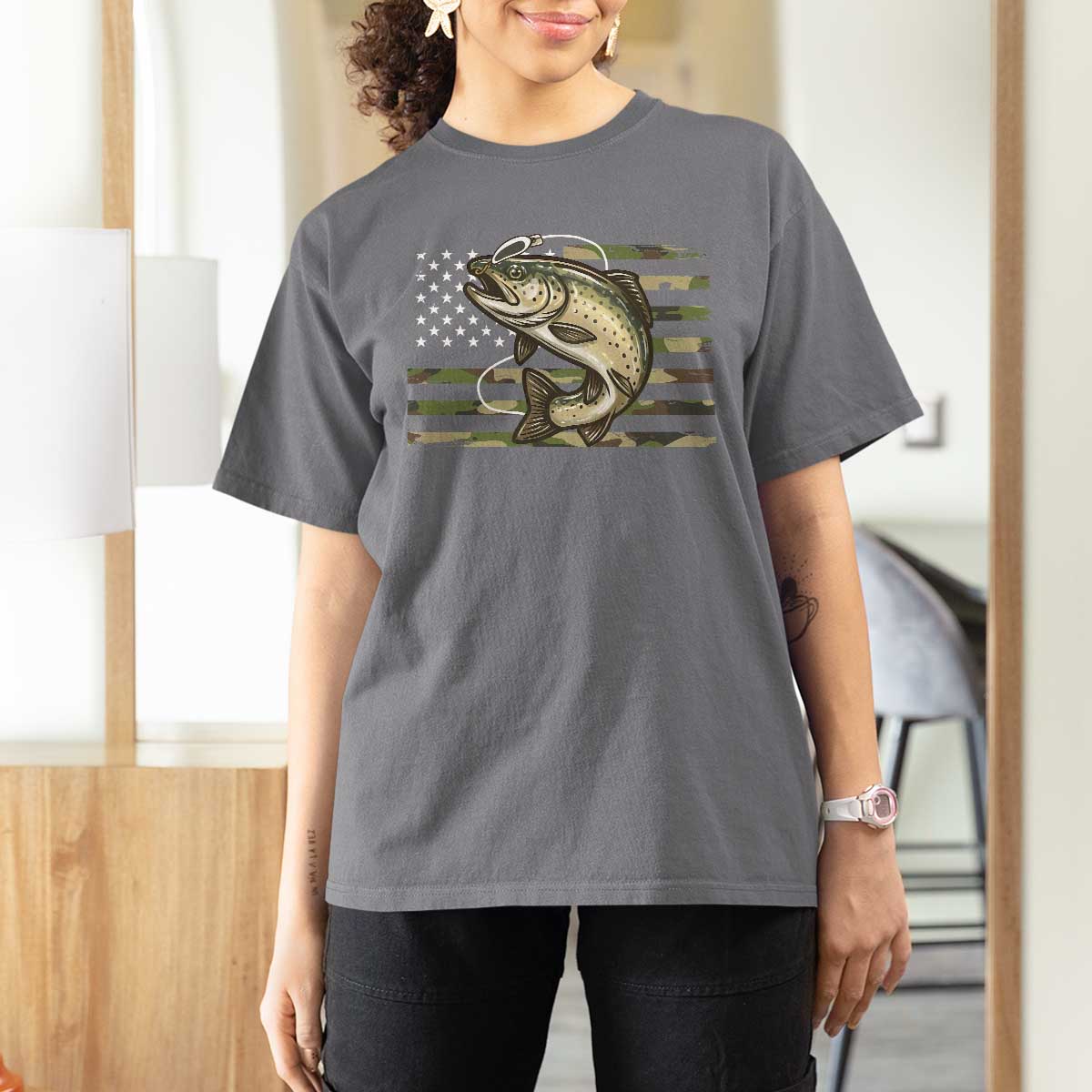 Camo Bass Fishing T Shirt For Women Patriotic US Flag Fisherman - Wonder Print Shop