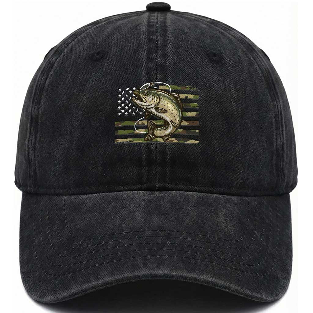 Camo Bass Fishing Washed Cotton Baseball Cap Patriotic US Flag Fisherman