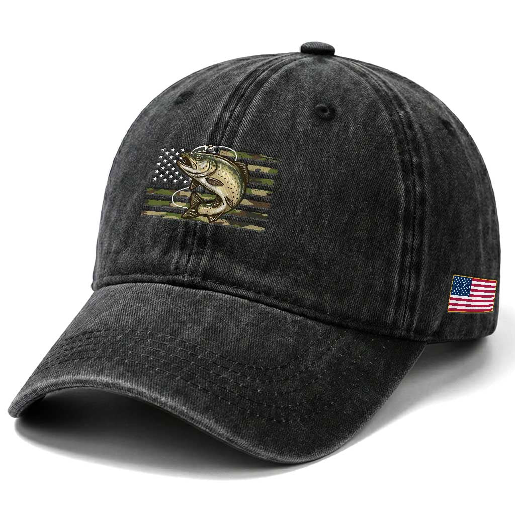 Camo Bass Fishing Washed Cotton Baseball Cap Patriotic US Flag Fisherman