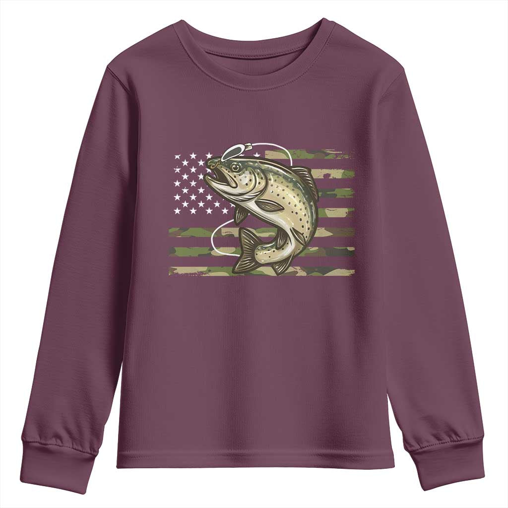 Camo Bass Fishing Youth Sweatshirt Patriotic US Flag Fisherman - Wonder Print Shop