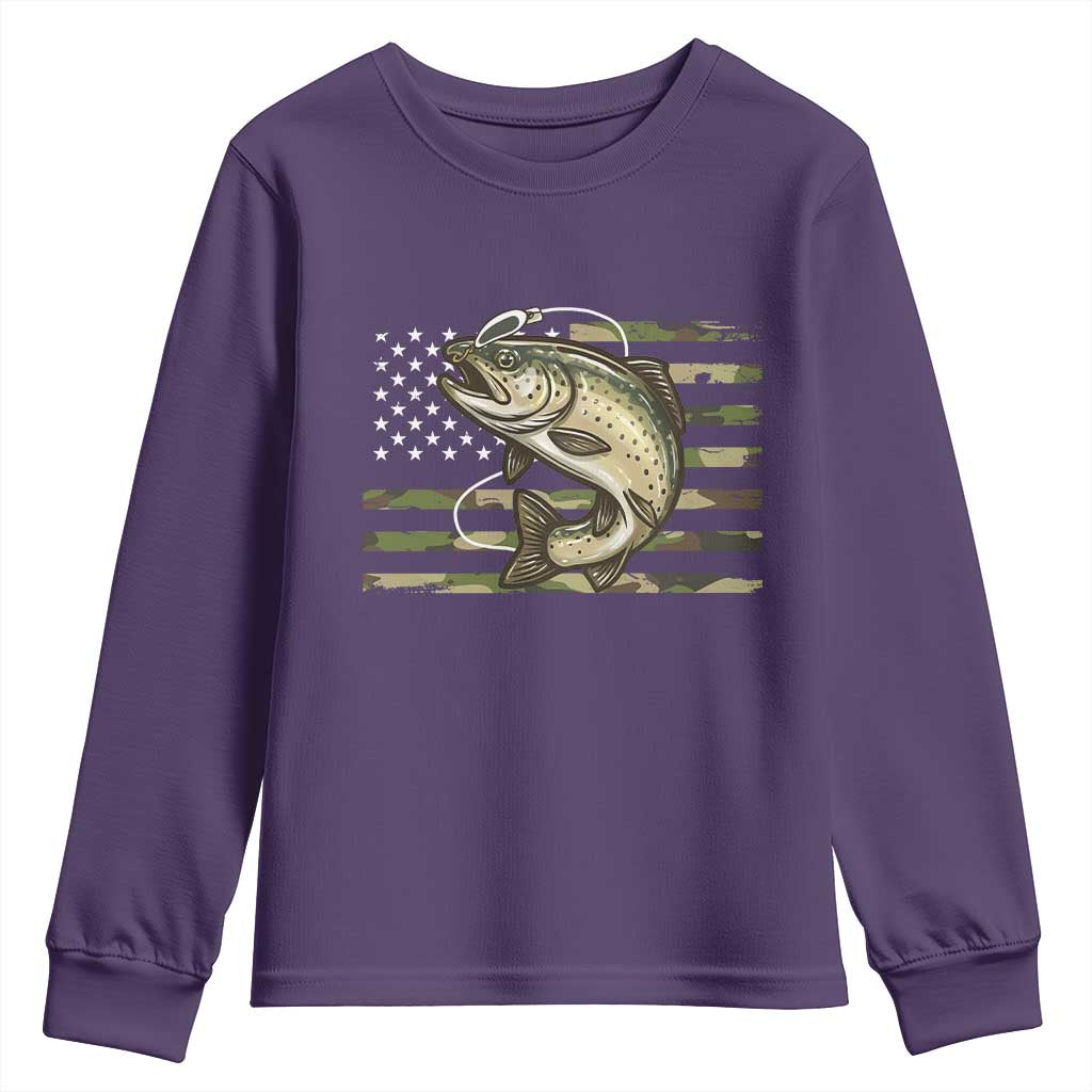 Camo Bass Fishing Youth Sweatshirt Patriotic US Flag Fisherman - Wonder Print Shop