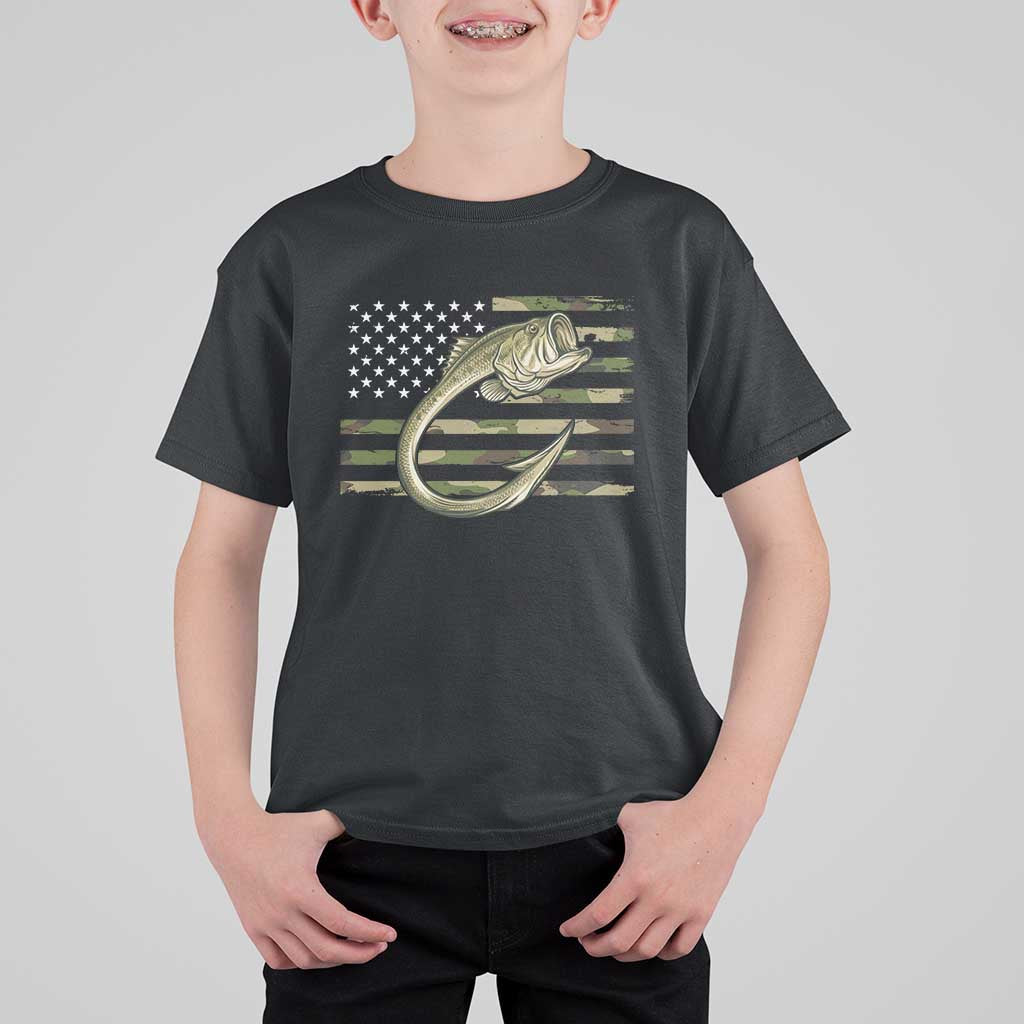 Camo Fish Hook Fishing T Shirt For Kid Patriotic US Flag Fisherman Camouflage Bass Fishing - Wonder Print Shop