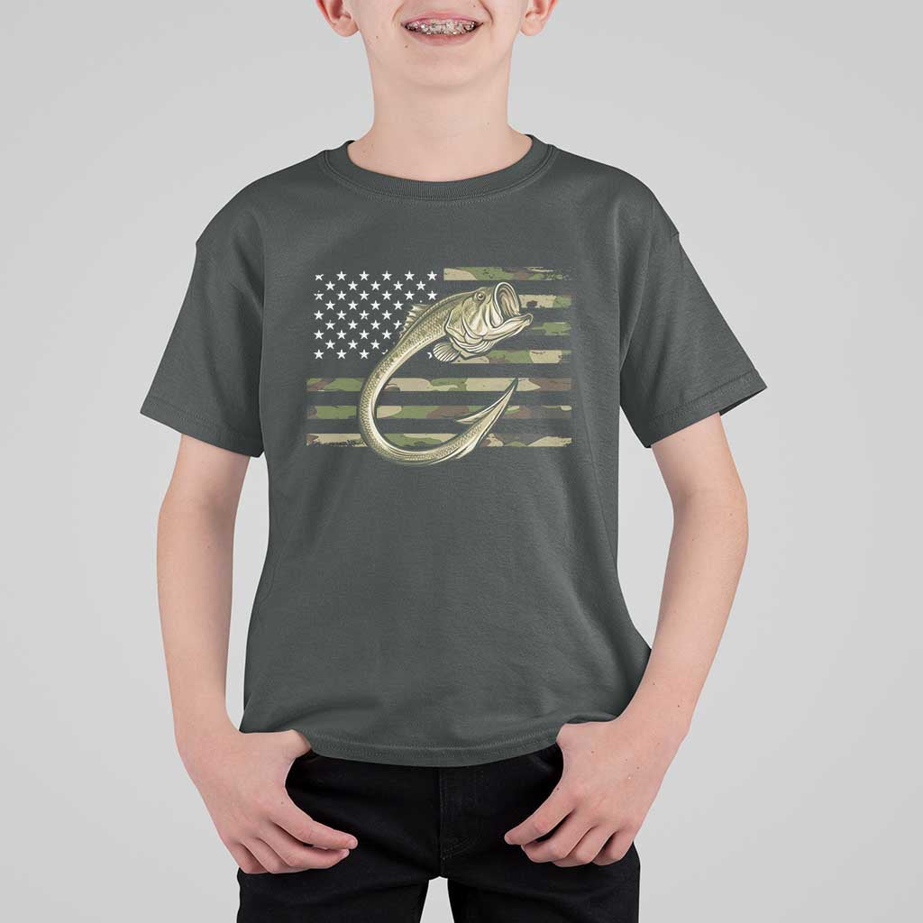 Camo Fish Hook Fishing T Shirt For Kid Patriotic US Flag Fisherman Camouflage Bass Fishing - Wonder Print Shop