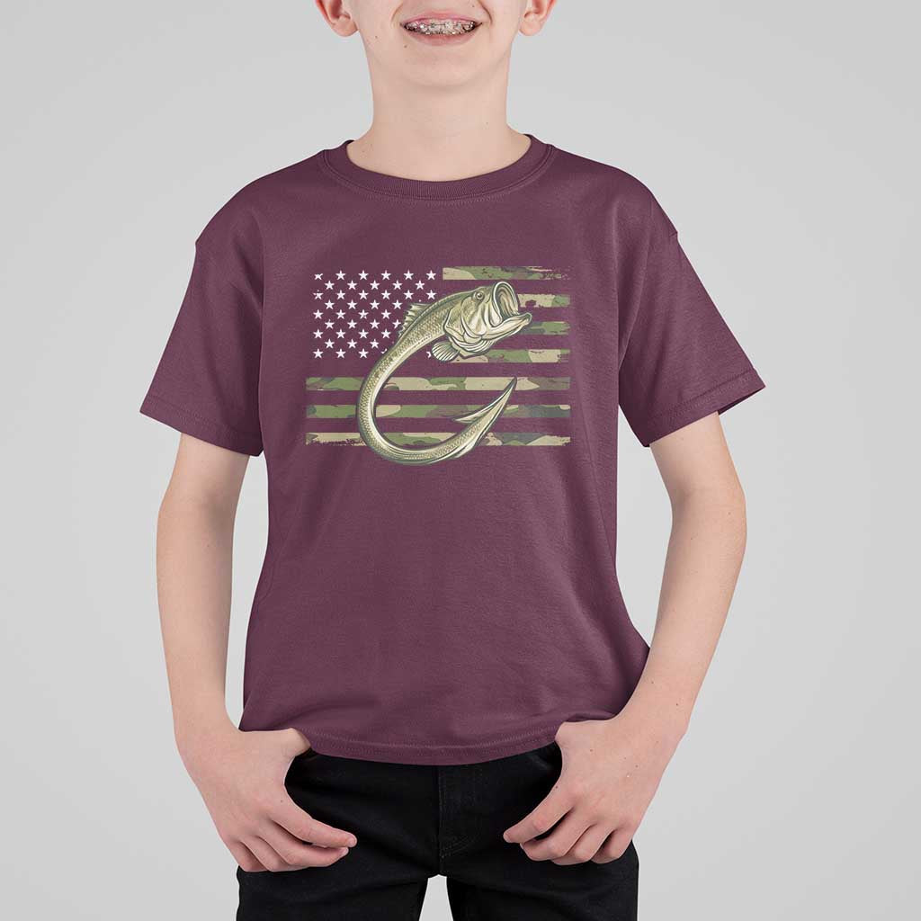 Camo Fish Hook Fishing T Shirt For Kid Patriotic US Flag Fisherman Camouflage Bass Fishing - Wonder Print Shop