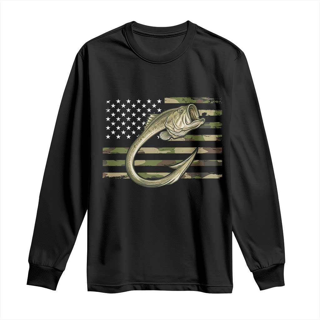 Camo Fish Hook Fishing Long Sleeve Shirt Patriotic US Flag Fisherman Camouflage Bass Fishing - Wonder Print Shop