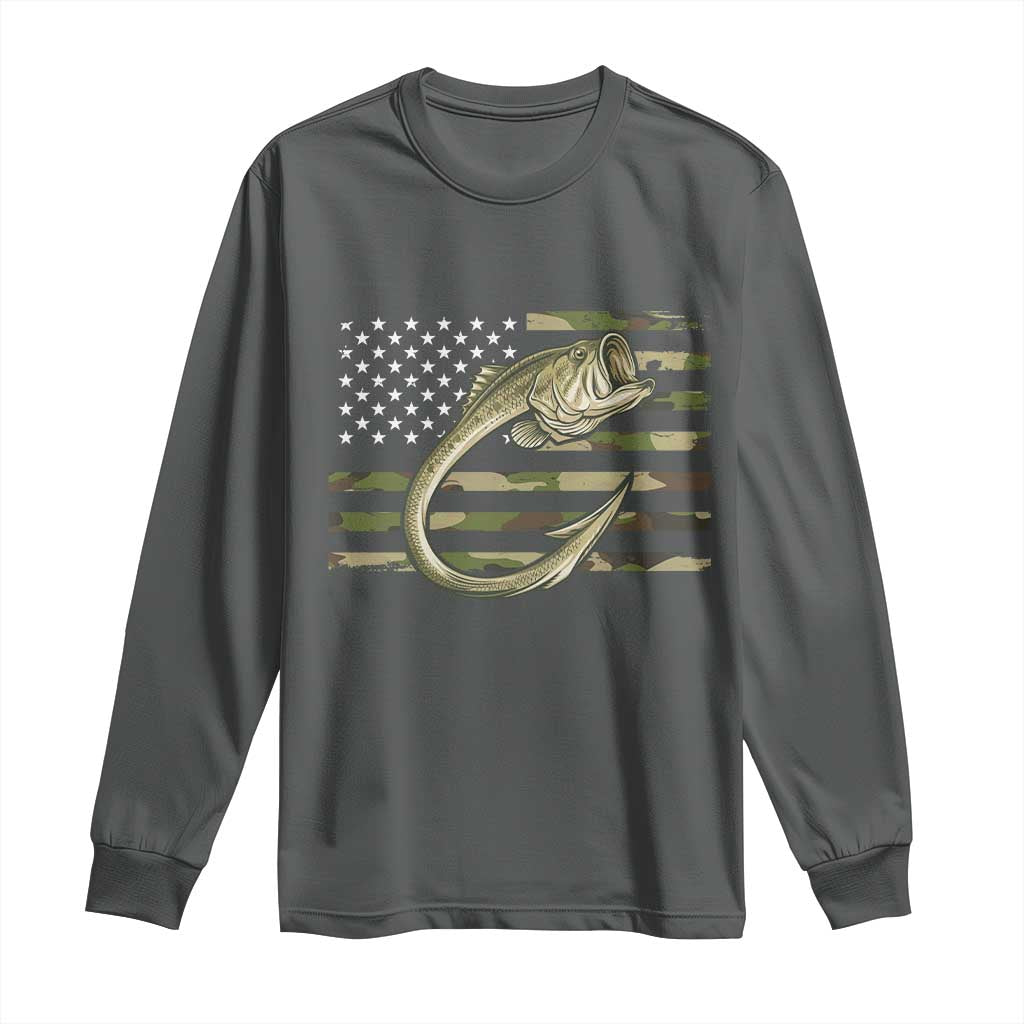 Camo Fish Hook Fishing Long Sleeve Shirt Patriotic US Flag Fisherman Camouflage Bass Fishing - Wonder Print Shop