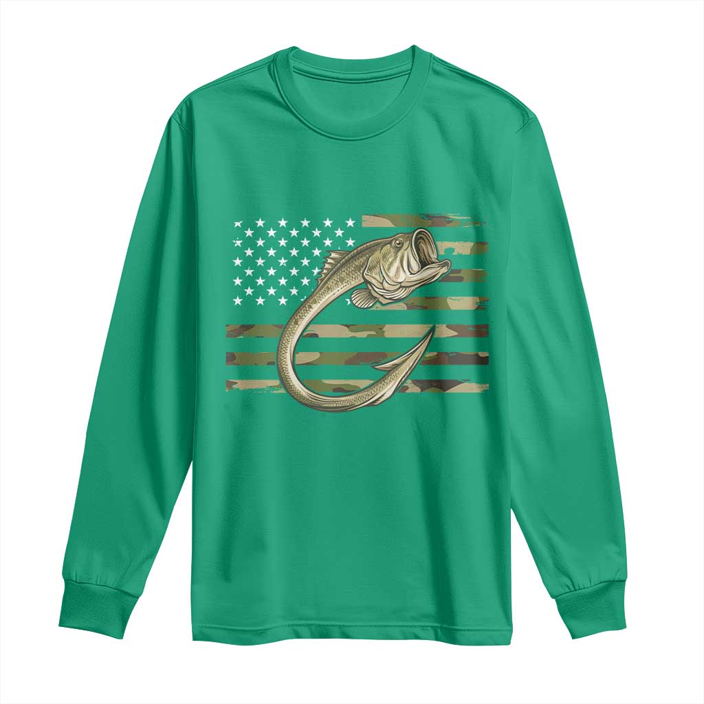 Camo Fish Hook Fishing Long Sleeve Shirt Patriotic US Flag Fisherman Camouflage Bass Fishing - Wonder Print Shop