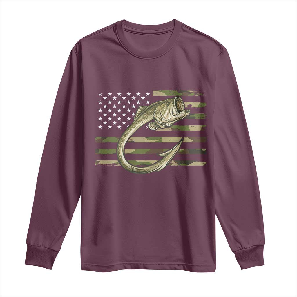 Camo Fish Hook Fishing Long Sleeve Shirt Patriotic US Flag Fisherman Camouflage Bass Fishing - Wonder Print Shop