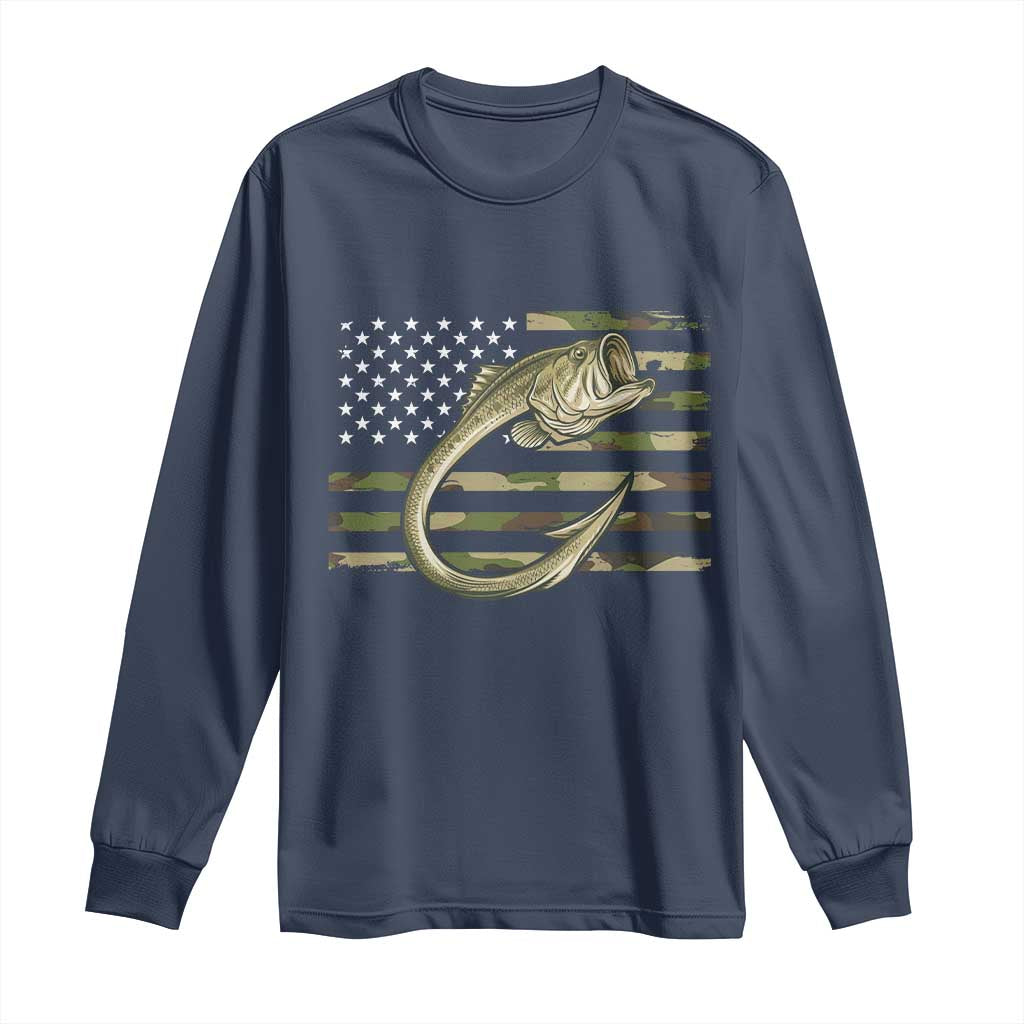 Camo Fish Hook Fishing Long Sleeve Shirt Patriotic US Flag Fisherman Camouflage Bass Fishing - Wonder Print Shop