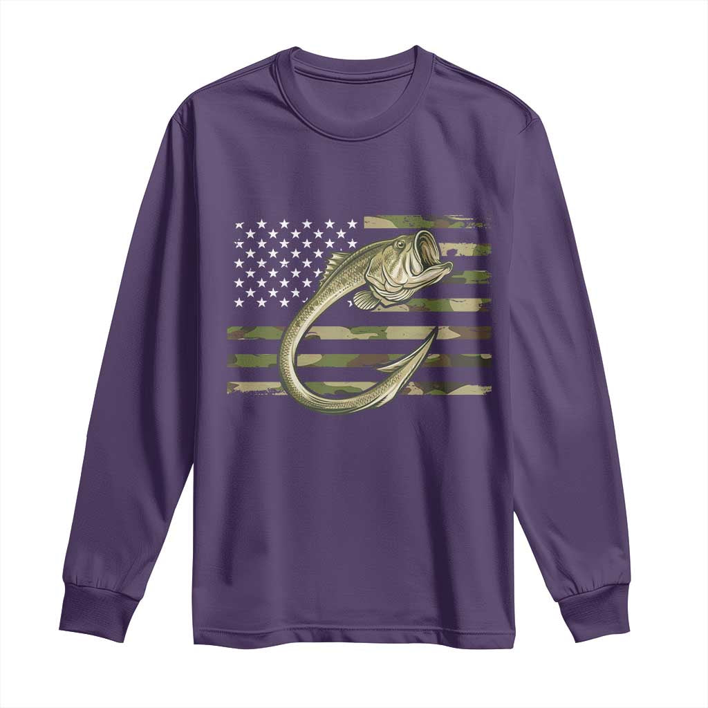 Camo Fish Hook Fishing Long Sleeve Shirt Patriotic US Flag Fisherman Camouflage Bass Fishing - Wonder Print Shop