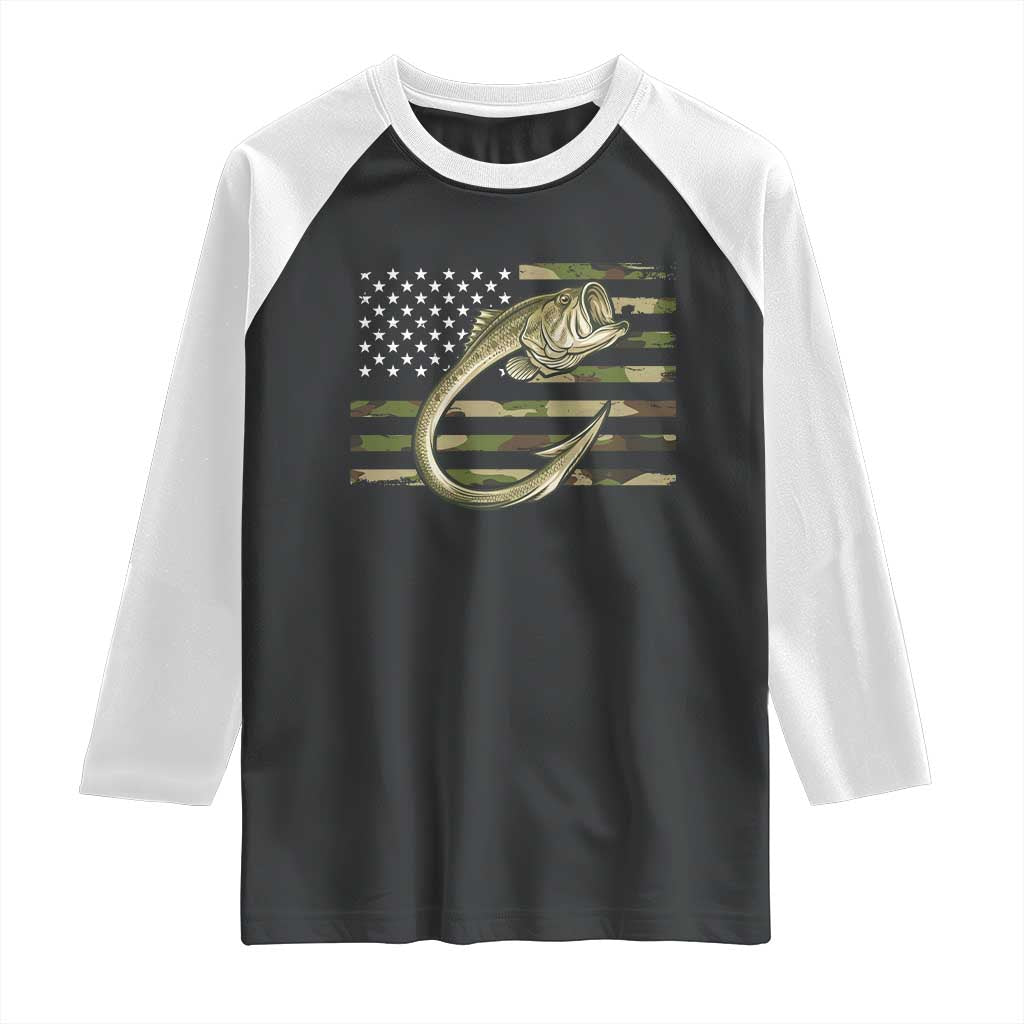 Camo Fish Hook Fishing Raglan Shirt Patriotic US Flag Fisherman Camouflage Bass Fishing - Wonder Print Shop