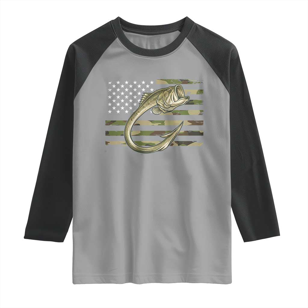 Camo Fish Hook Fishing Raglan Shirt Patriotic US Flag Fisherman Camouflage Bass Fishing - Wonder Print Shop