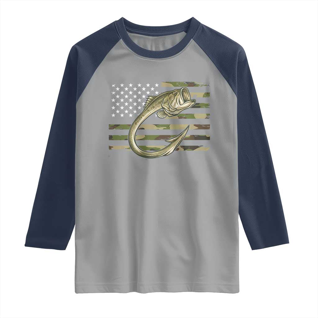 Camo Fish Hook Fishing Raglan Shirt Patriotic US Flag Fisherman Camouflage Bass Fishing - Wonder Print Shop