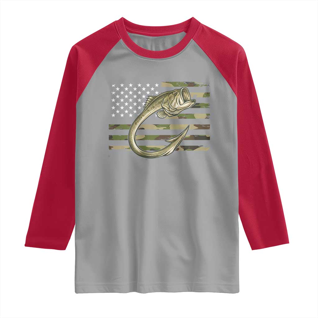 Camo Fish Hook Fishing Raglan Shirt Patriotic US Flag Fisherman Camouflage Bass Fishing - Wonder Print Shop